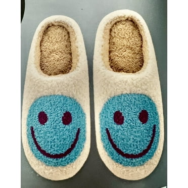 Wayland Square Teddy Slippers M 7-8 Cream Blue Smiley Face Fuzzy Cozy House Shoe