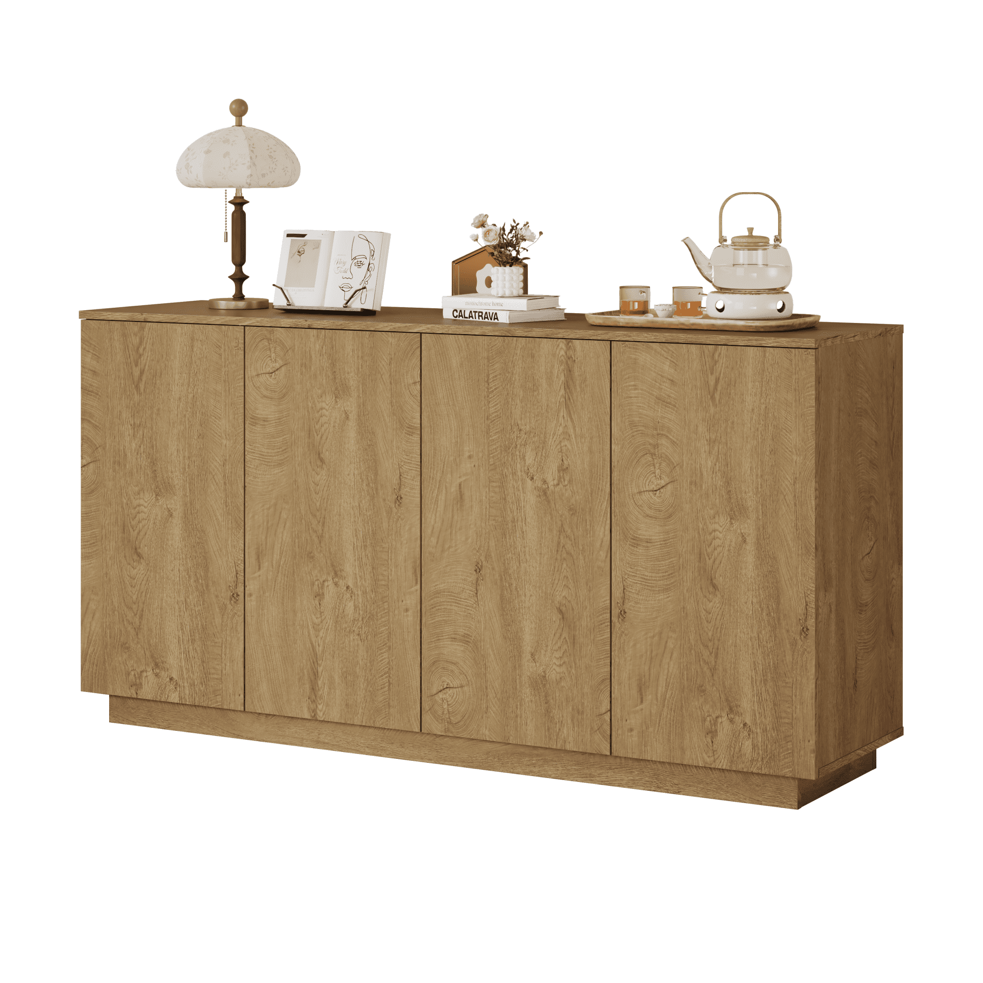 Leumius Sideboard Buffet Cabinet,59.1" W Kitchen Sideboard Storage Cabinet with 4 Doors and Adjustable Shelves,Large Side Board Cabinet Coffee Bar Cabinet for Dining Room,Natural