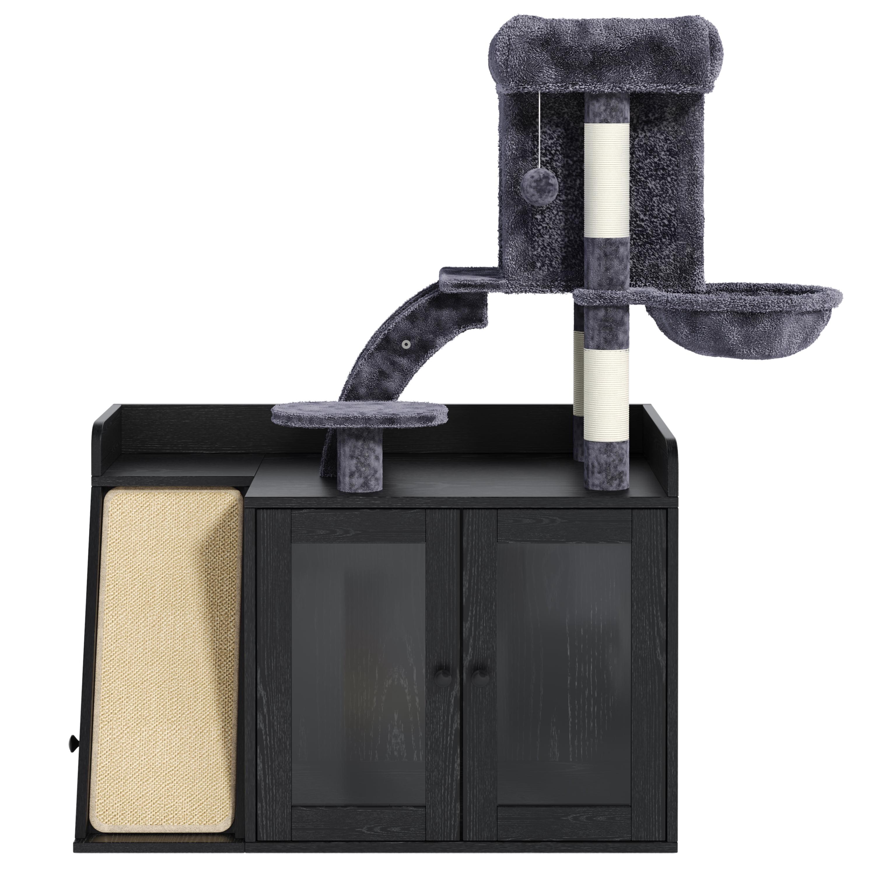 Euroco Cat Tree with Litter Box Enclosure, All-in-one Cat Tower with LED Light,Sisal Scratching Post,Hammock,House,Platform & Storage Space,Hidden Litter Box Furniture with Condo,Black