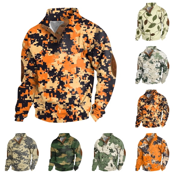 Men's Stand Collar Sweatshirt with 3 Buttons & Camouflage Print, Outdoor Casual Fleece Top for Streetwear, Christmas, Fall Winter, Hiking and Urban Exploration,Dark Green,L