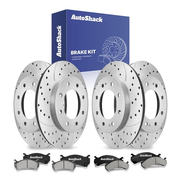 AutoShack Front & Rear Brake Rotors & Ceramic Pads for Chevrolet, Silverado 2500 HD 2001-2010, 4WD RWD V8 6.0L 6.6L 8.1L - Coated Drilled & Slotted - Silver Matte Finish - TurboGuard