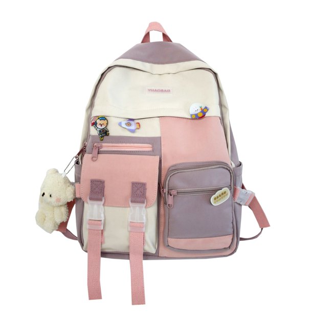 Bonita mochila de lona Kawaii con alfileres, bolsa estética rosa de 16.0 in, mochila de moda con oso colgante, bolsas universitarias novedosas, bolsa de viaje ligera (azul y rosa) TUNC Sencillez