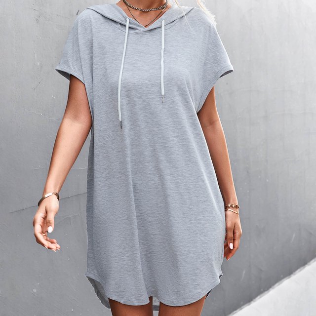 Vestido de manga corta con capucha y cordón Vestido de mujer transpirable informal de color puro para uso diario