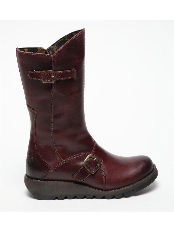 Womens Wine MES 2 Wedge Heel Buckle Mid-Calf Leather Zip Platform Boots