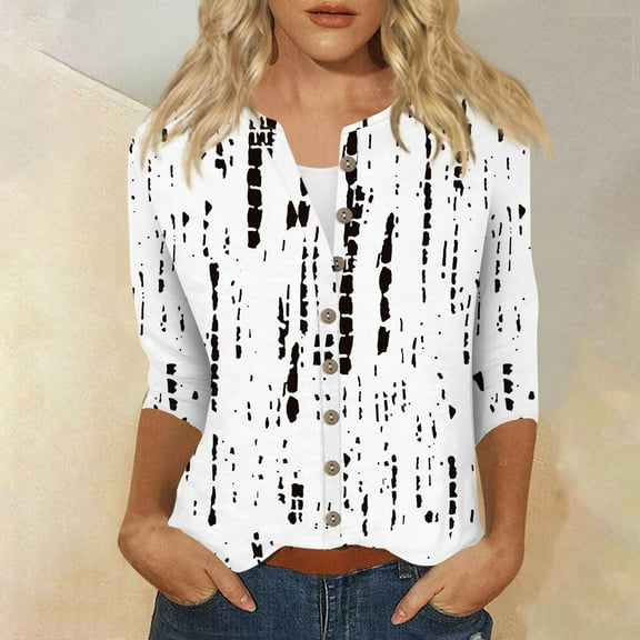 Tittly Button Down Shirts Shirts for Women Summer Women's Fashion Printed Seven Quarter Sleeve T Shirt Long Sleeve Shirts for Women Womens Shirts Black L