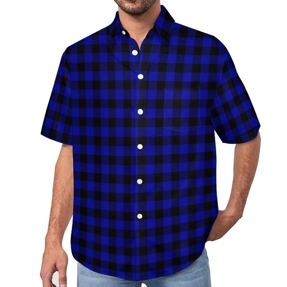 Black And Dark Blue Plaid Loose Shirt Mens Beach Checkerboard Casual Shirts Hawaii Design