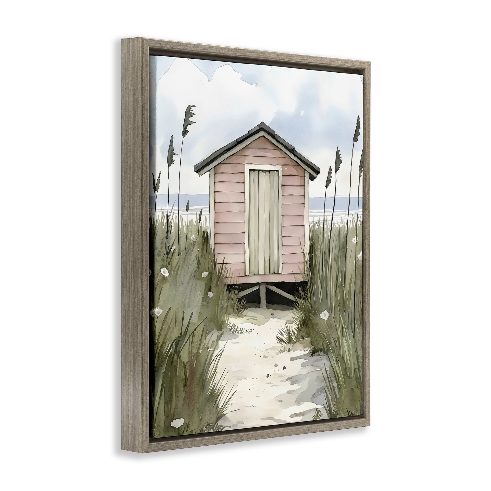 Stupell Industries Coastal Calm Pink Beach Hut Brown Framed Floater Canvas Wall Art, design by Riley B