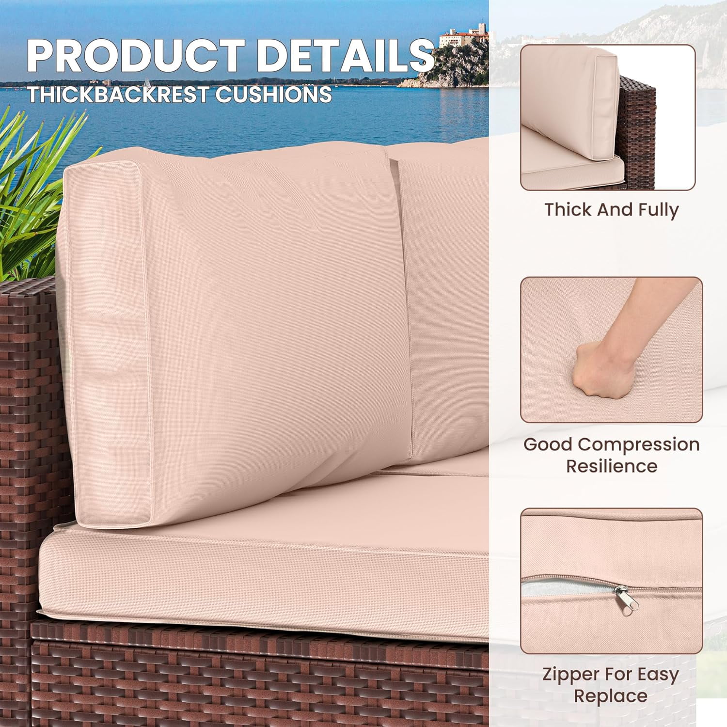 UDPATIO Outdoor Replacement Cushions for Patio Furniture, Water-Resistant Patio Cushions for 6-Seat Sectional Patio Conversation Sets, 14-Piece Outdoor Cushion Slipcovers Patio Sofa Cushions (Beige)