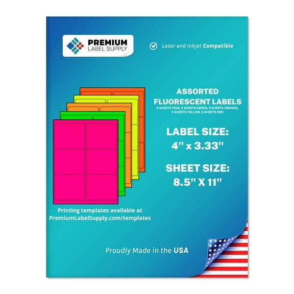 Premium Label Supply Bright Neon Color Fluorescent Stickers - 4" x 3.33" Labels - (Assorted Fluorescent, 150 Labels)