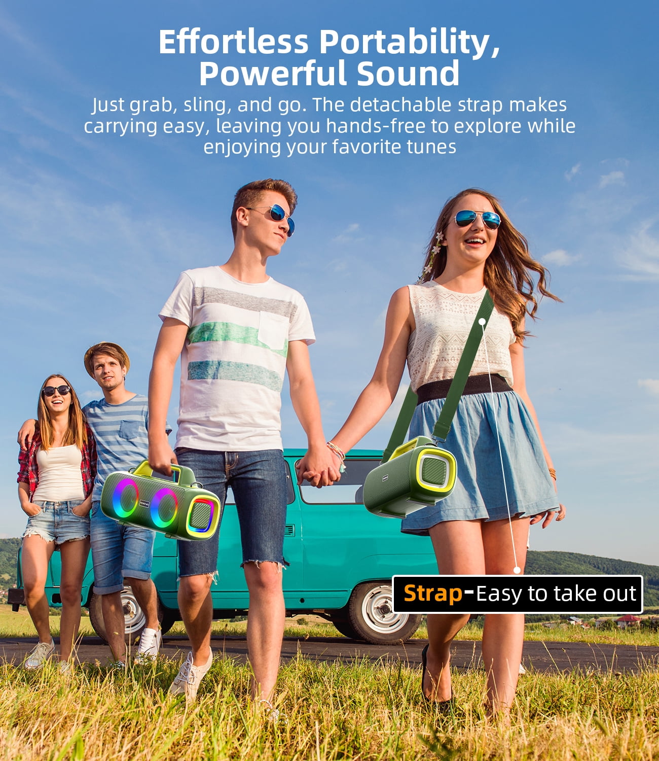 Portable Bluetooth Speaker IP65 Waterproof,140W Loud Sound,Bass Boost,Bluetooth 5.3, LED Lights,True Wireless Stereo Pairing,24H Playtime, for Home/Outdoor/Party/Beach, Fashionable Gift(Green)