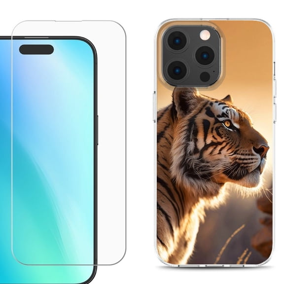 For iPhone 16 Pro Max Phone Case Cover, Shockproof Case with Tempered Glass Screen Protector, by OneToughShield - Tiger
