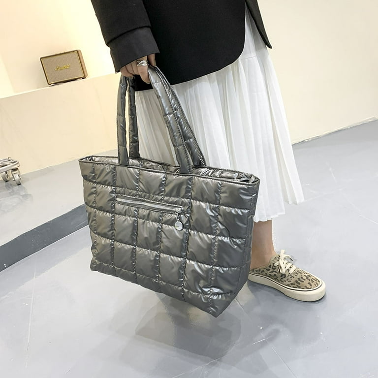 TBOLINE Retro Quilted Lattice Shoulder Bags Women Nylon Large Shopping Bag  (Silver)