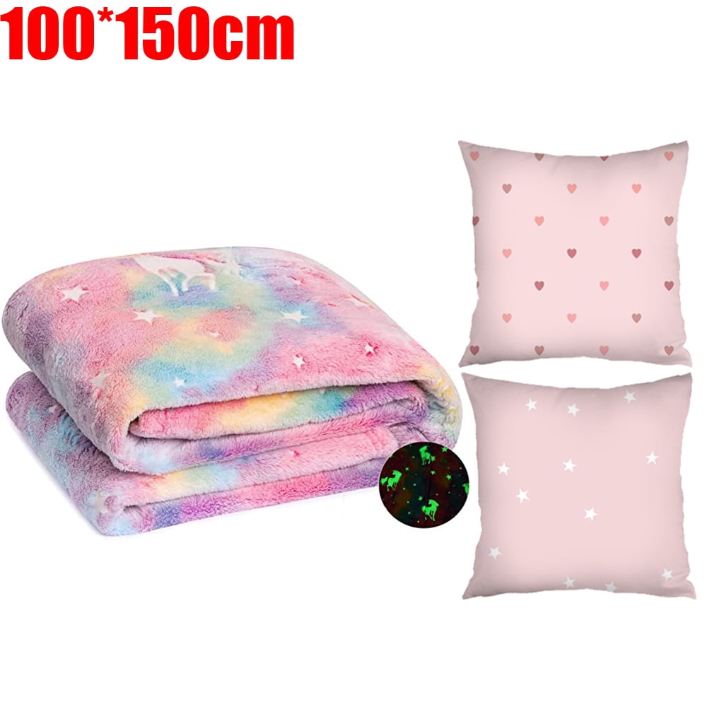 Glow In The Dark Blanket For Kids Throw Blanket Rainbow Unicorn Blanket For Kids Super Soft Blanket For Girls Fluffy Blanket For Girls And Boys 2 Pillow Case Walmart Com