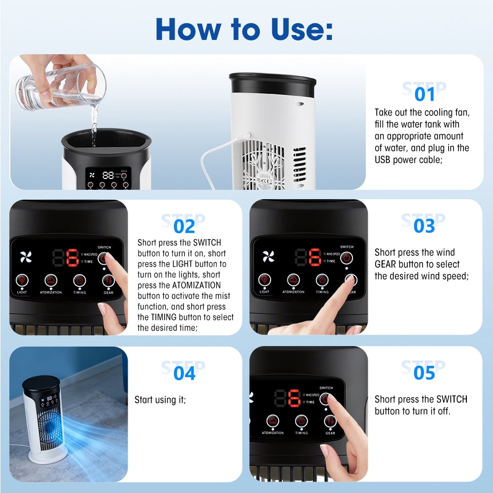 Portable Air Conditioner Fan, 6-Speed Cooling Fan with Humidifier, 6H Timer, 7-Color Ambient Light, 300ml Water Tank, USB Powered Desktop Air Cooler for Home Office Bedroom