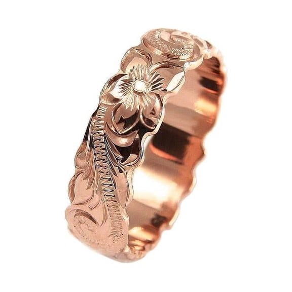 14K pink rose gold hand engraved Hawaiian plumeria scroll band ring cut out 6mm