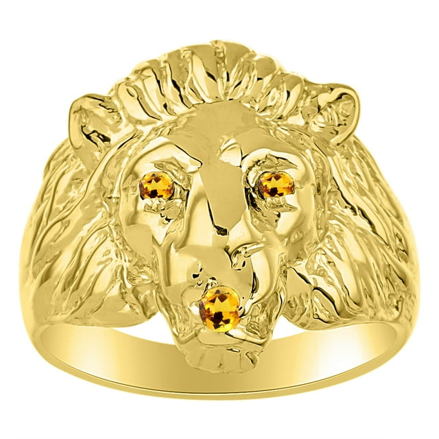 RYLOS 14K Yellow Gold Lion Head Ring Gemstones in Eyes and Mouth Fun Designer Rings For Men Citrine Mens Jewelry Size 6