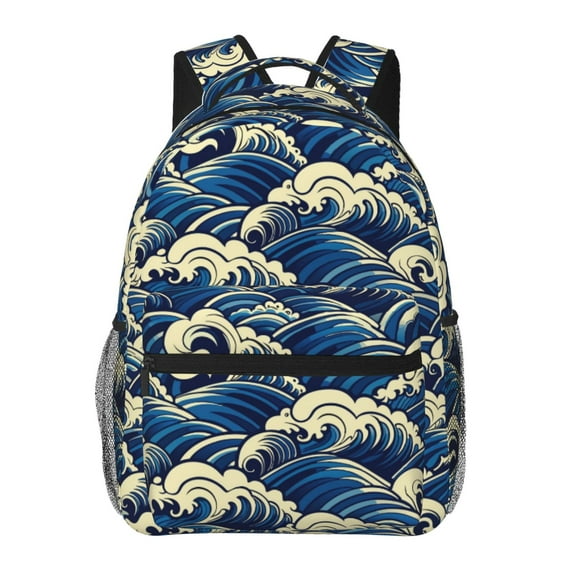 KLL Japanese Water Wave Print Casual Backpack for Men Women,Travel Casual Backpack Outdoor Activities Bag Daypack for Travel Hiking Shopping Daily
