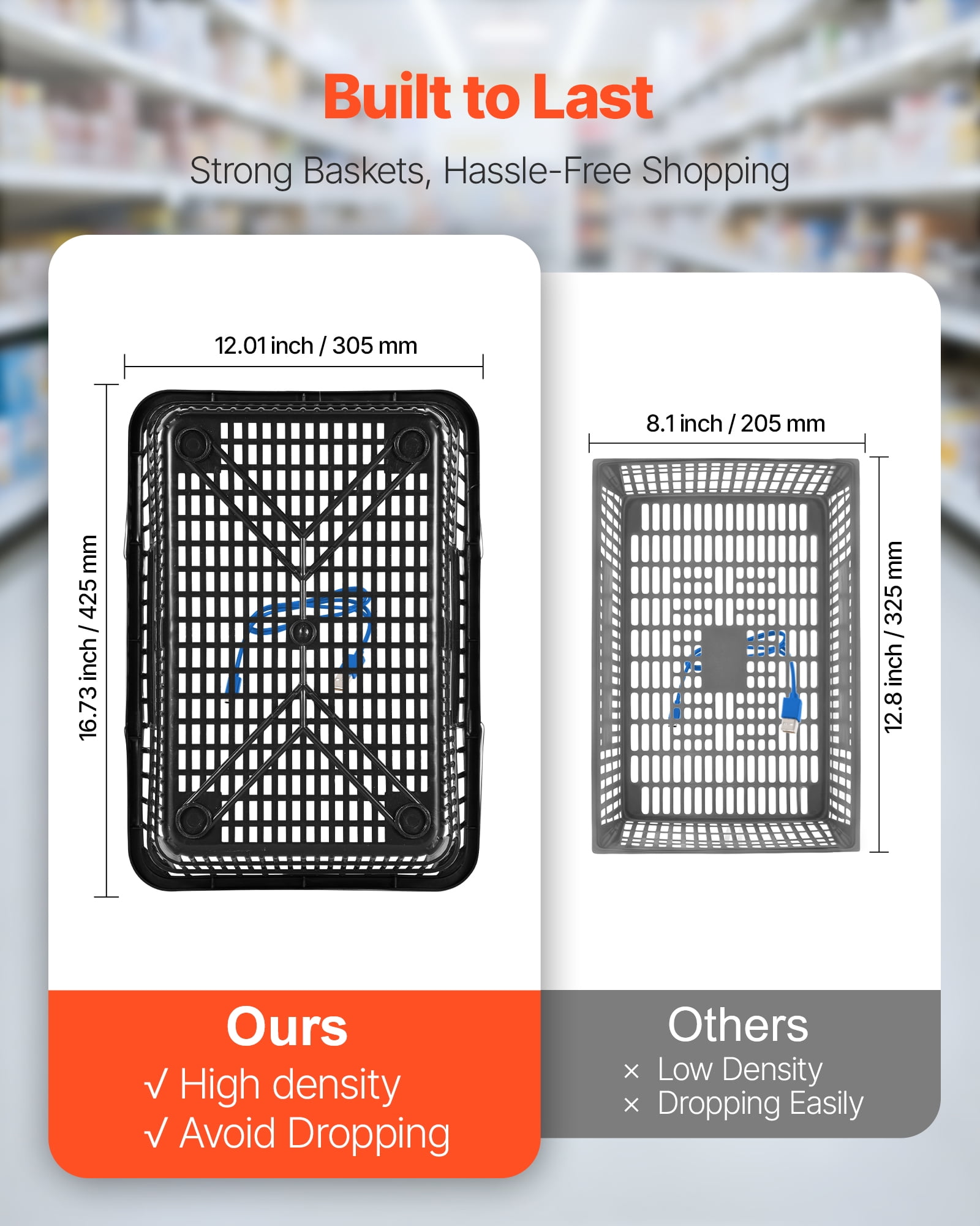 VEVOR Shopping Baskets, 12 PCS, 21L Stackable PE Plastic Grocery Baskets with Handles, Dense Mesh Structure, Holds up to 20 lbs, Portable for Grocery, Retail, Stores, Supermarket, Home Use, Black