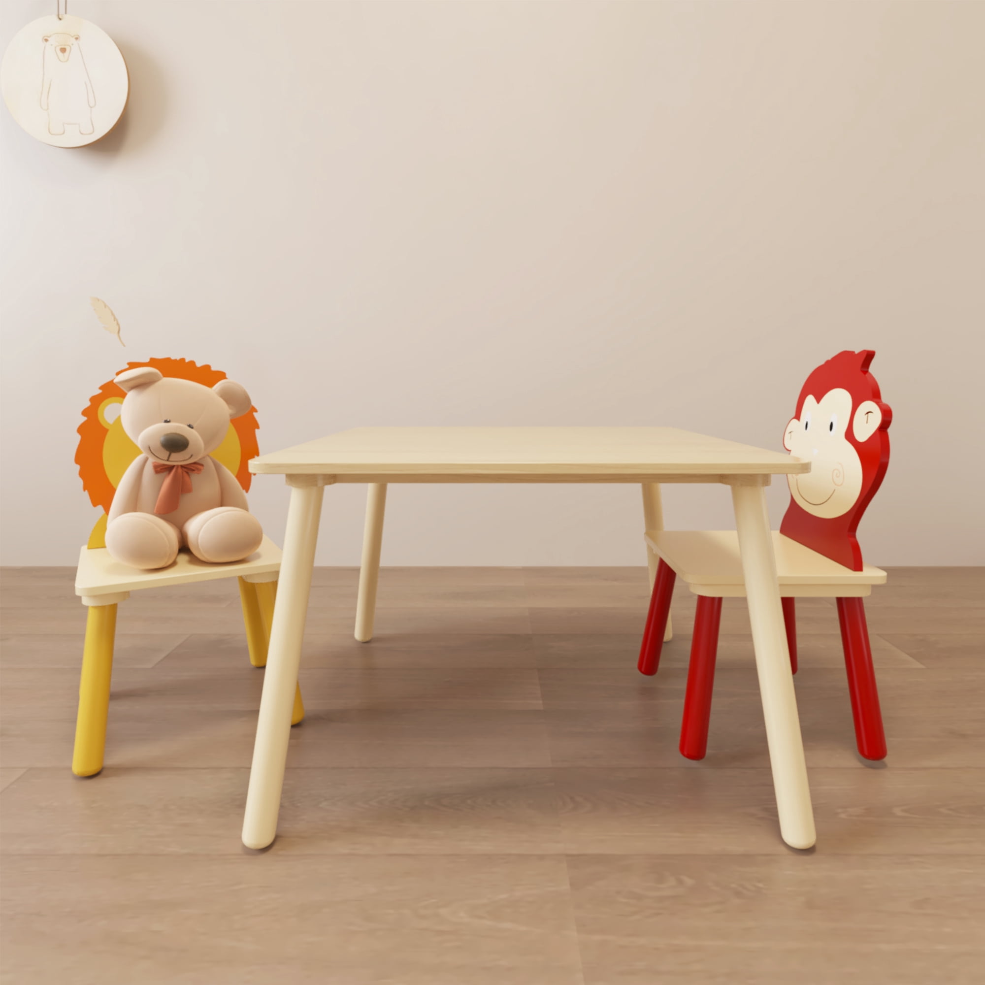 iRerts Kids Table and Chair Set, 3 Pieces Cartoon Animals Wood Kids Activity Table with 2 Chairs, Kids Play Table Set for 3-8 Year Old, Childrens Table and Chairs for Reading, Drawing, Jigsaw Puzzles