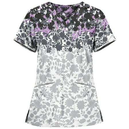 

Women Scrub_Top Working Uniform Blouse Short Sleeve V-Neck Workwear T-Shirt with Pocket Comfy Tops S