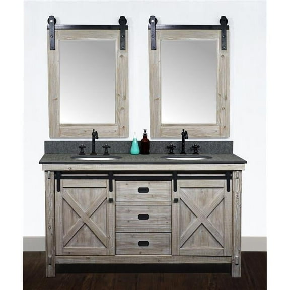 InFurniture WK8560-MG TOP 60 in. Rustic Solid Fir Barn Door Style Double Sinks Vanity with Rustic Style Polished Textured Surface Granite Top in Matte Grey, Driftwood - No Faucet - 61 x 34.6 x 22 in.