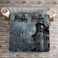 thumbnail image 3 of Ambesonne Halloween Quilted Bedspread Set 3 Pcs, Gothic Haunted House, Queen Size, Teal, 3 of 3