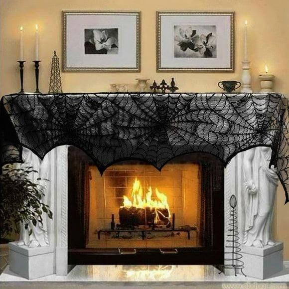 IFANLANDOR 1Pcs 18x96 Pouces Décoration en Dentelle Noir Polyester Housse de Cheminée Foulard de Manteau Élégante Effrayante