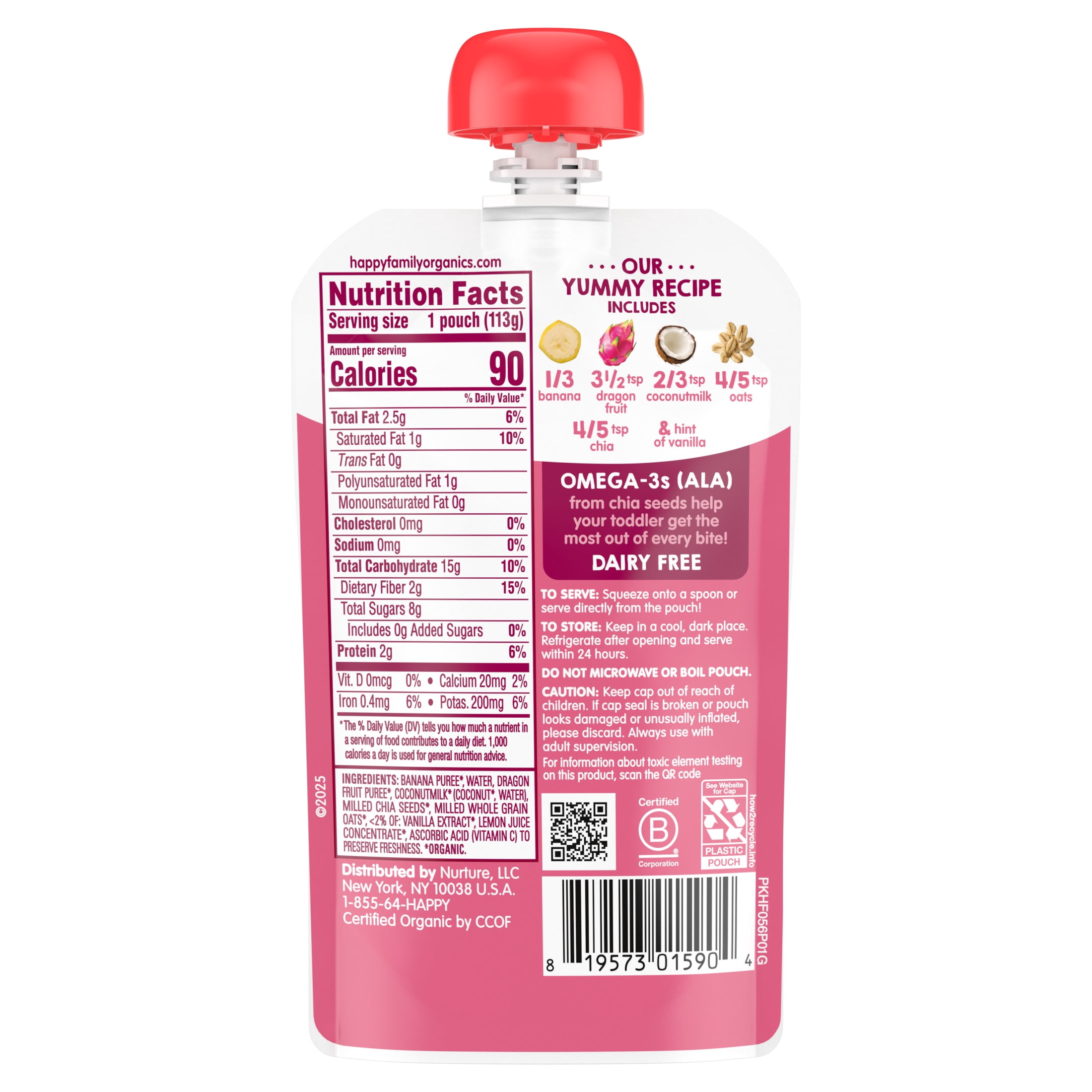 (3 pack) Happy Tot, Stage 4 Baby Food, Bananas & Dragonfruit, 4 oz. Pouch
