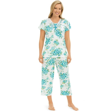 

Collections Etc Women s Soft Floral Pattern Print Knit 2-Piece Capri Pajama Set Mint X-Large