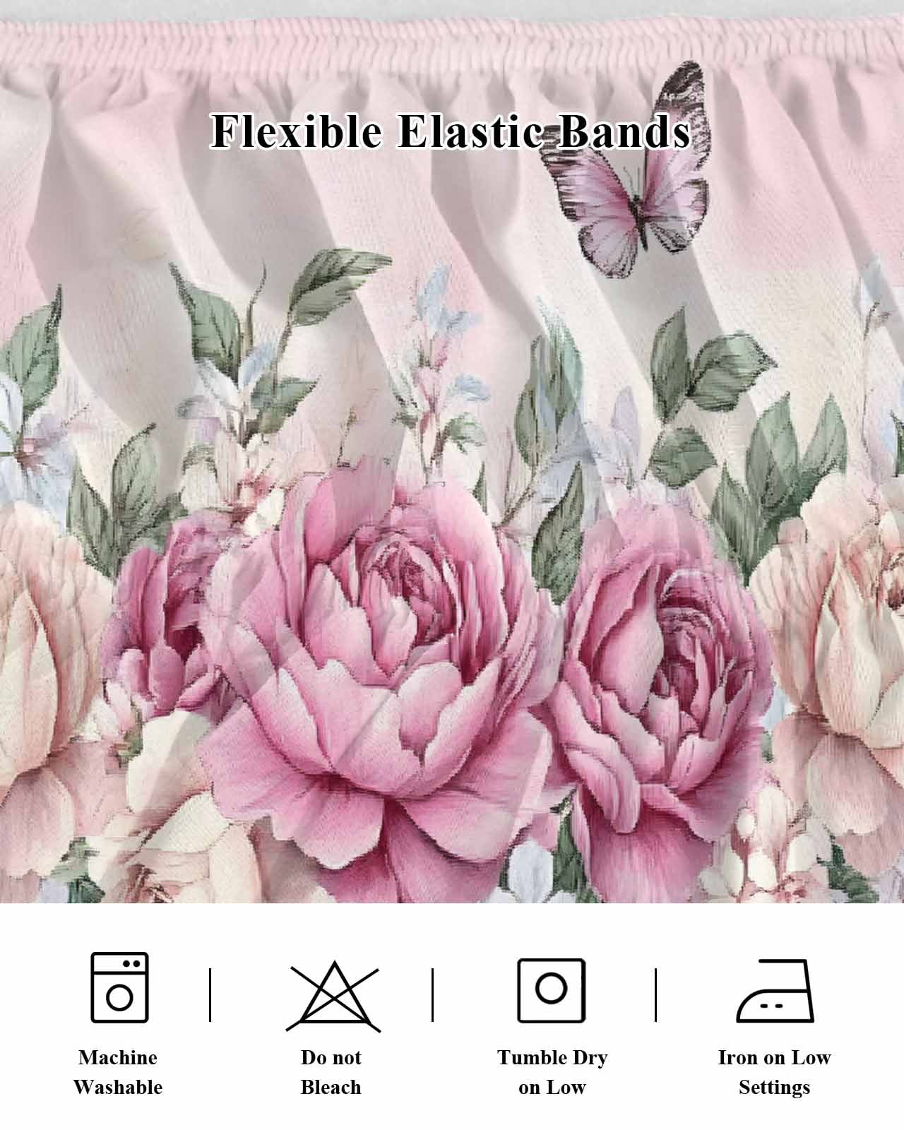 Watercolor Pink Floral Wrap Around Bed Skirts for Queen Bed 18" Drop,Bed Skirt with Adjustable Elastic Belt Dust Ruffle Bed Valance for Bedroom Hotel Spring Romantic Roses Butterfly Bed Frame Cover