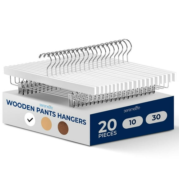 20 Pcs. Premium Wooden Pants Hangers - Heavy Duty Hanger Set with Chrome 360° Swivel Hook and Adjustable Steel Clips, Ideal for Jeans, Slacks, Skirts, and Shorts (White)