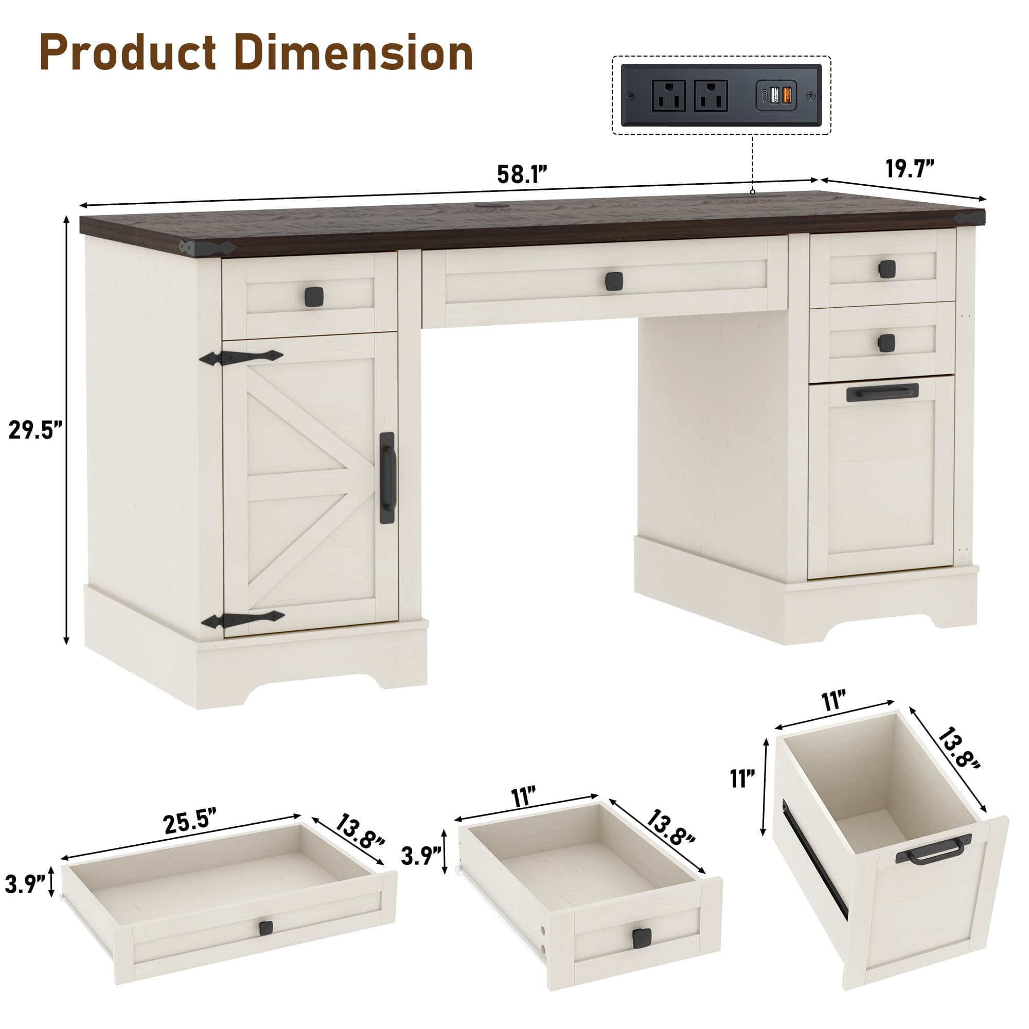 58" Farmhouse Executive Desk with 4 Drawers & Charging Station, Office Computer Desk with File Drawer, Rustic Wooden Study Desk Workstation for Home Office