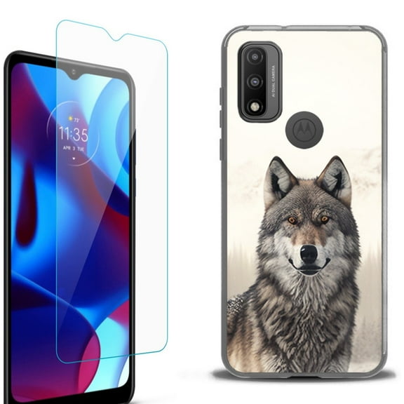 Slim-Fit Fashion Phone Case for Motorola Moto G Pure, with Tempered Glass Screen Protector, by OneToughShield ® - Wolf Snow