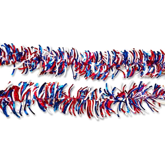 Patriotic Garland Decorations (2 Pack, 9 ft Each) - Tinsel in Metallic Red White and Blue for 4th of July Party, Veterans Day, Labor Day Holiday and More