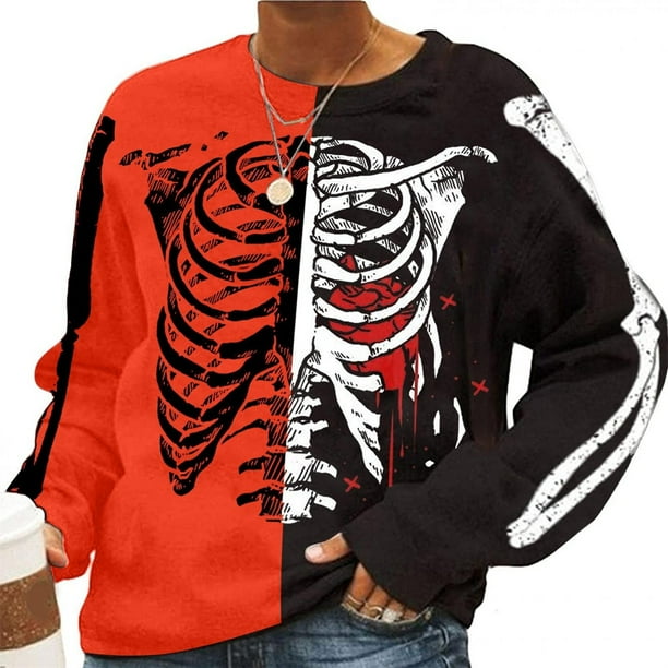 Sudadera informal con estampado divertido de esqueleto de Halloween para mujer, cómoda, suelta, cuello redondo, manga larga, suéter de otoño, Tops Pompotops gfhjh3609