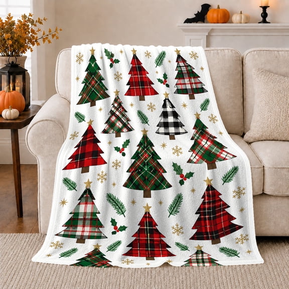 Festive Plaid Christmas Trees Decorative Scene, Festive Holiday Scene, Warm Flannel Blanket for Living Room and Family Room, Art Lovers Christmas Gift, Festive Home Decor