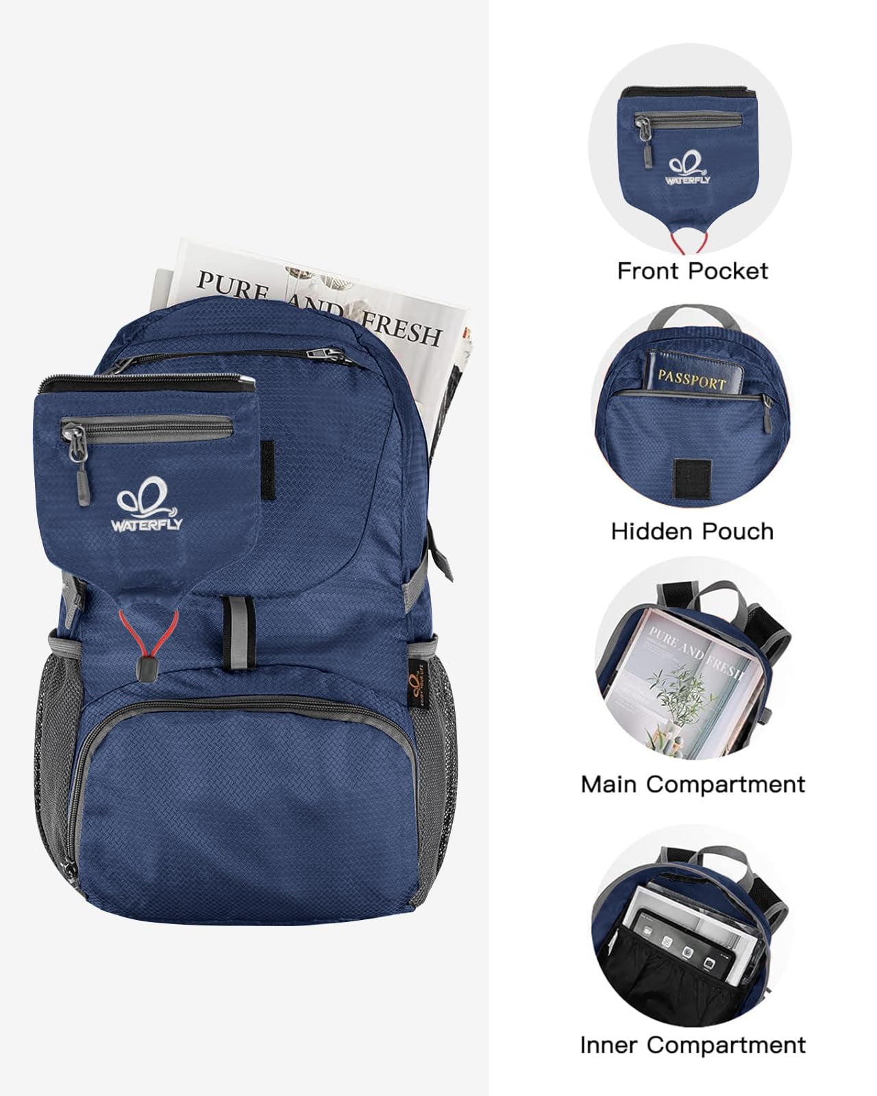 WATERFLY Unisex 20L Small Foldable Packable Travel Hiking Backpacks Daypack,Dark Blue