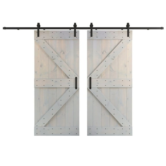 Coast Sequoia 76 in x 84 in K Series DIY Knotty Wood Double Sliding Barn Door With Hardware Kit (Light Grey)