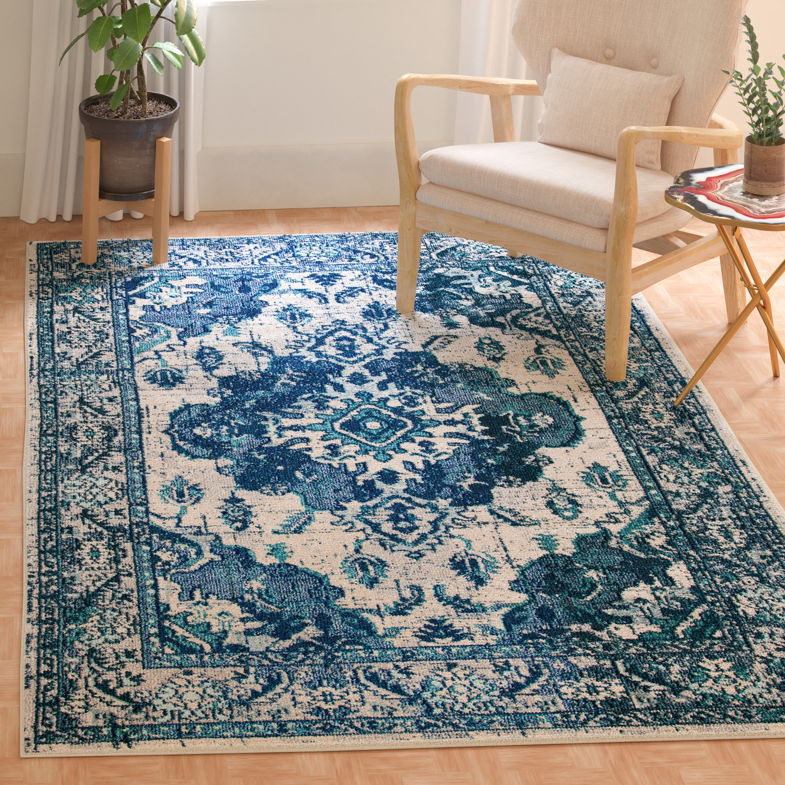 SAFAVIEH Monaco Toria Traditional Area Rug, Ivory/Blue, 5'1" X 7'7" - Traditional Design, Ivory & Blue, Ideal for Living Room, Bedroom, Dining Space