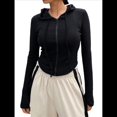 thumbnail image 3 of Chaqueta Corta Ligera con Capucha, Cremallera y Cordón de Larga para Mujer Negro M, 3 of 10