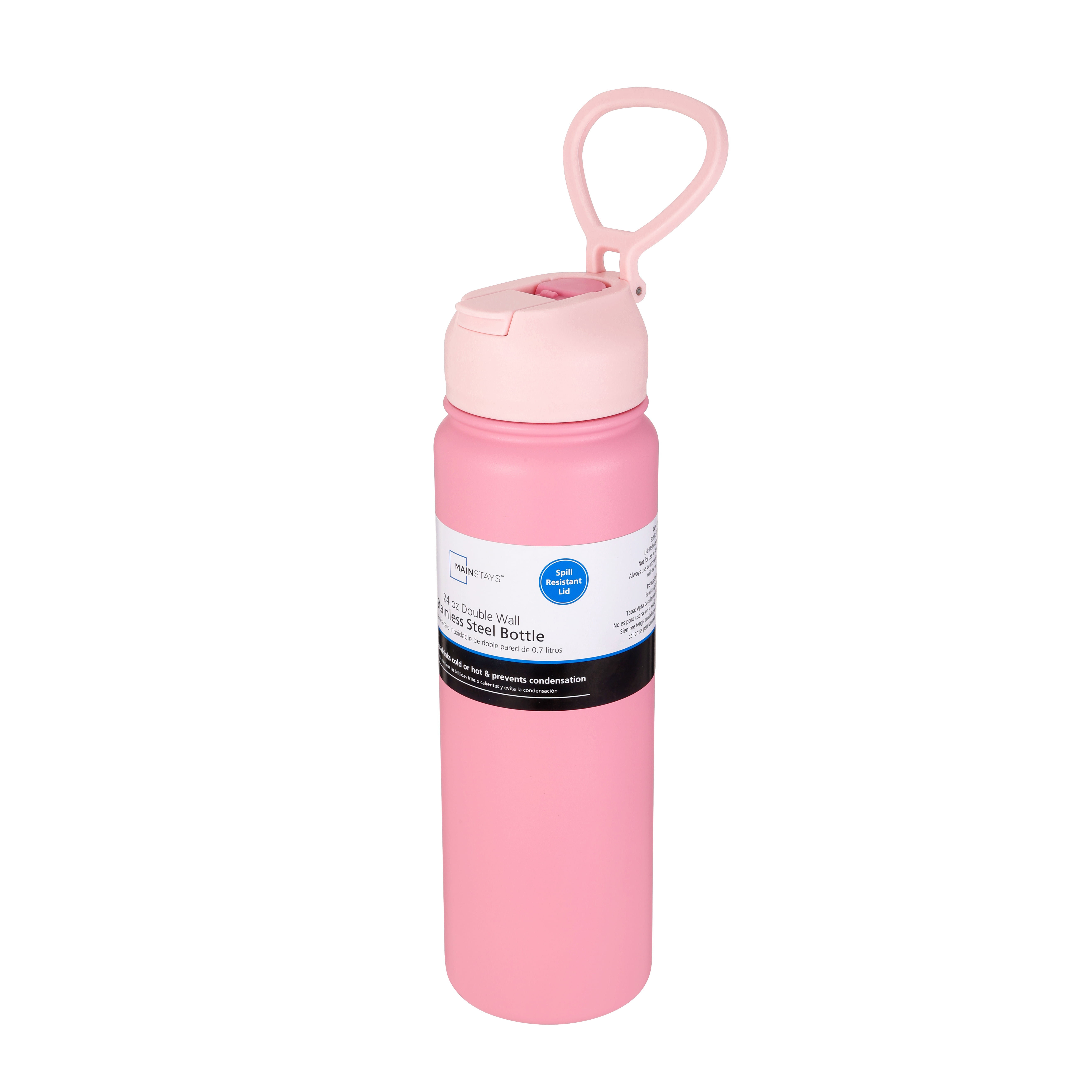 Mainstays 24 oz Pink Double Wall Stainless Steel Water Bottle with Straw Lid
