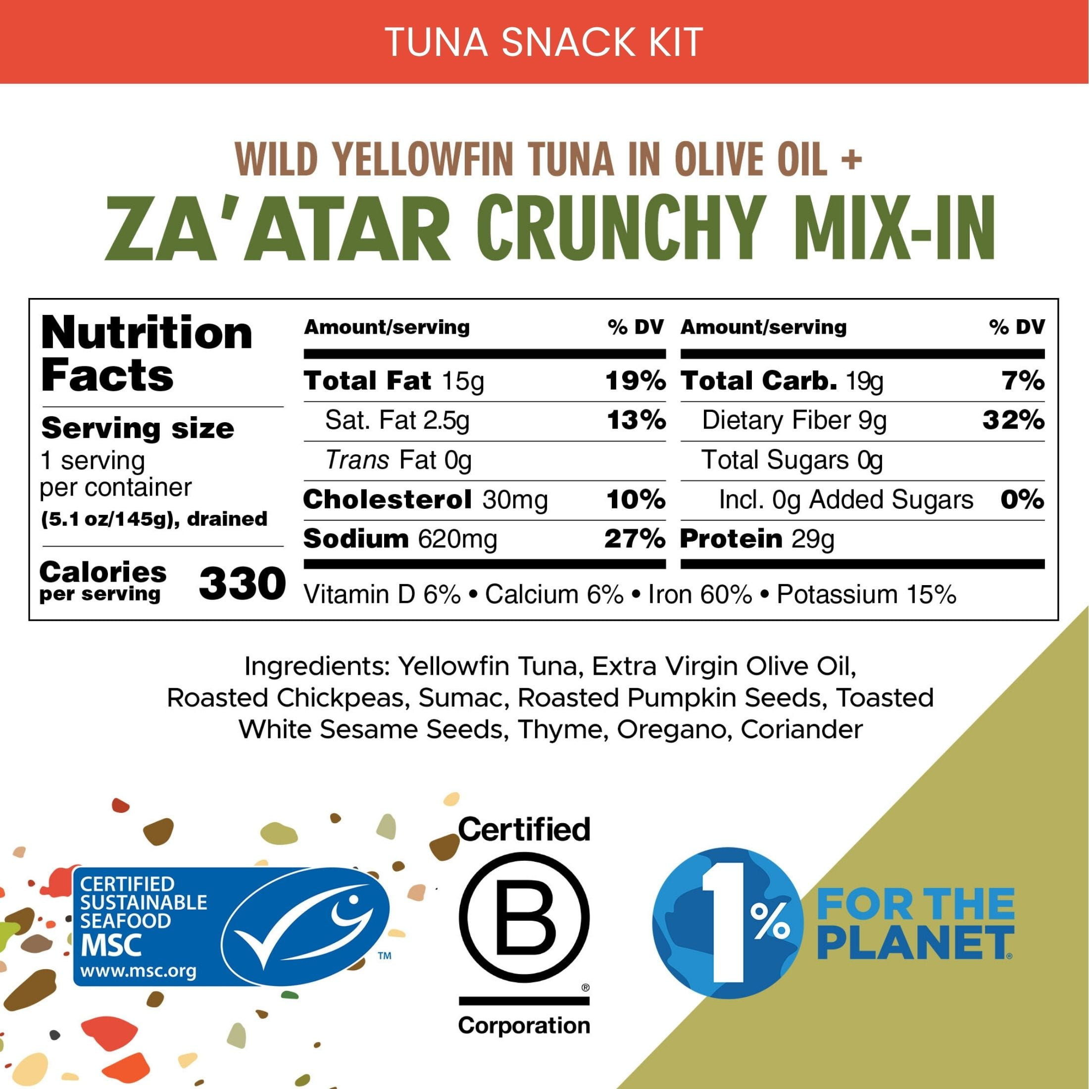 (2 pack) Scout Tuna Snack Kit, Za'atar, Wild Yellowfin Tuna + Crunchy Mix-in for 29g of Protein on the Go with Spork, 5.1oz Cup