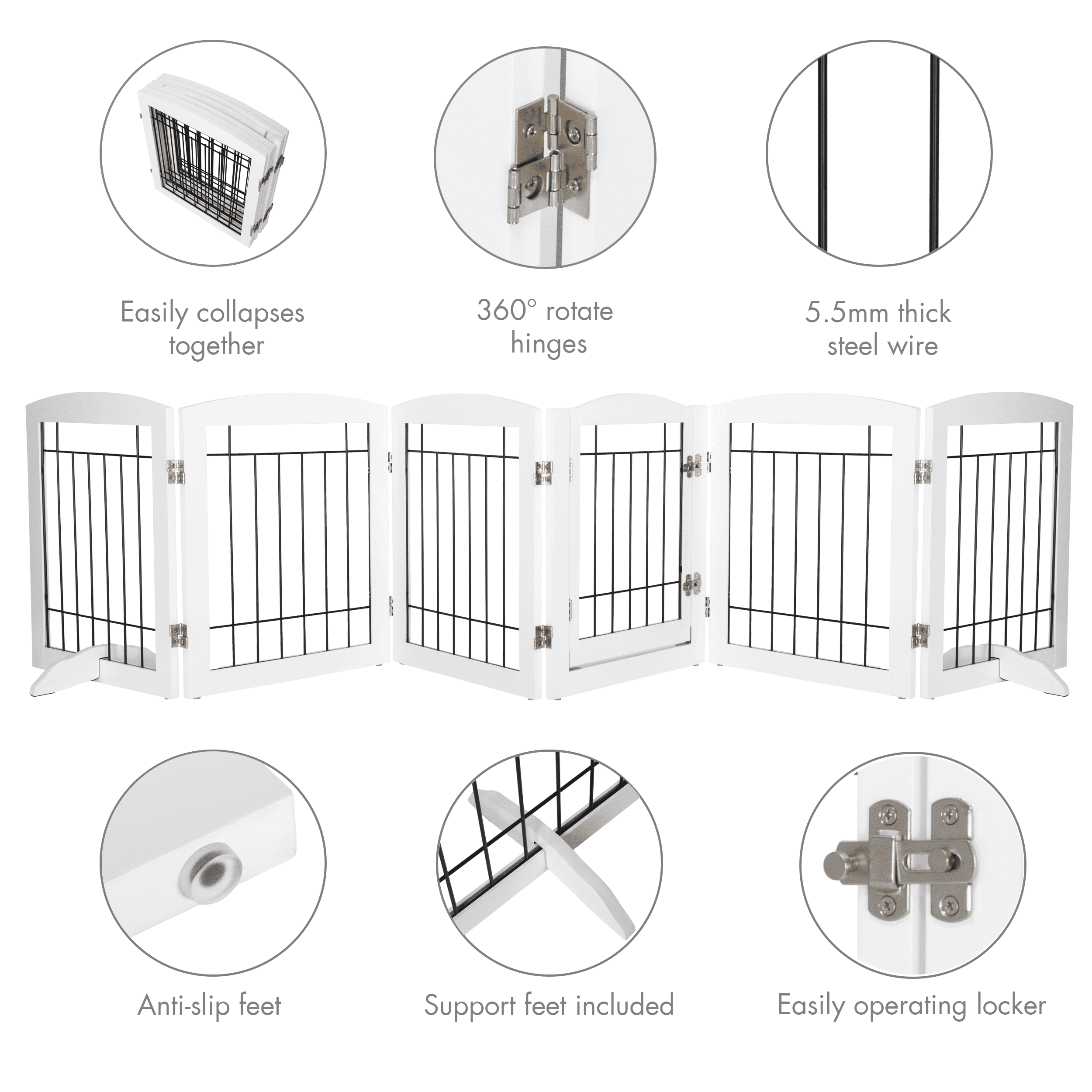 STAROUS Extra Wide Wooden Dog Gate with Convenient Walk-Through Door: Secure Pet Barrier for Home - Suitable for Doorways, Stairs, and Openings, 110" Wide, 6 Panels (White)