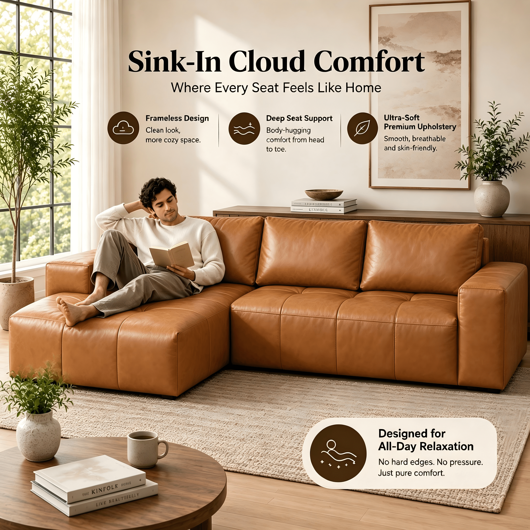 Aenkyo 114" Faux Leather L-Shaped Sectional Sofa with Left Hand Chaise, Boneless Modular Couch, Ginger