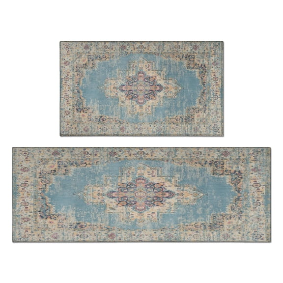 Bohemian Blue Ethnic Rug Kitchen Rugs and Mats Sets Of 2,Kitchen Decoration Rugs,Rubber Backing Non-Slip Floor Mat for Sink Washable Waterproof Laundry Room Runner Rugs