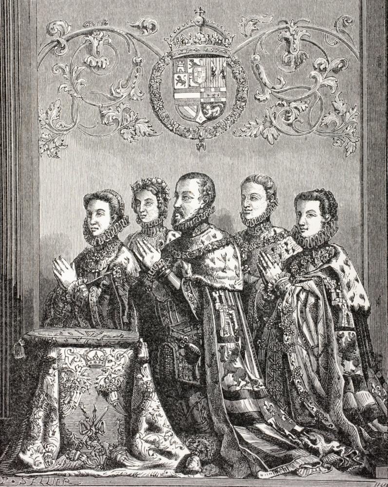 King Philip Ii Of Spain With His Three Wives Elizabeth Of France Left Then Anne Of Austria And Mary Of Portugal Right And His Son Don Carlos Behind From Military And Religious Life In The Middle Ages