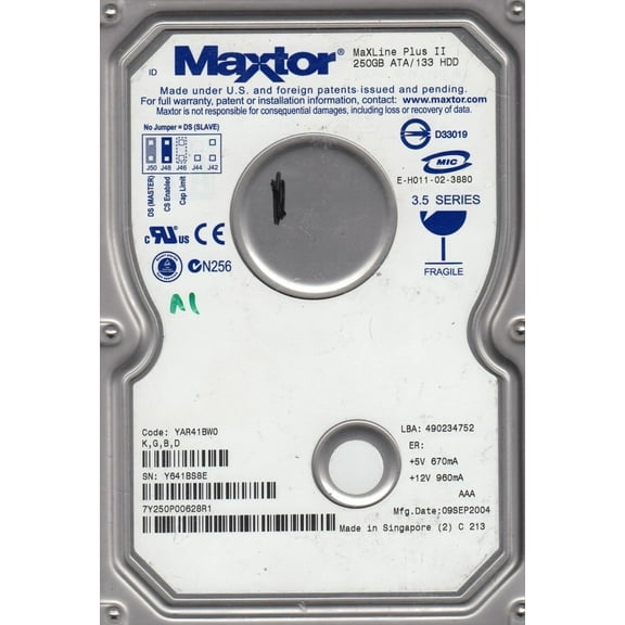 7Y250P0, Code YAR41BW0, KGBD, Maxtor 250GB IDE 3.5 Hard Drive