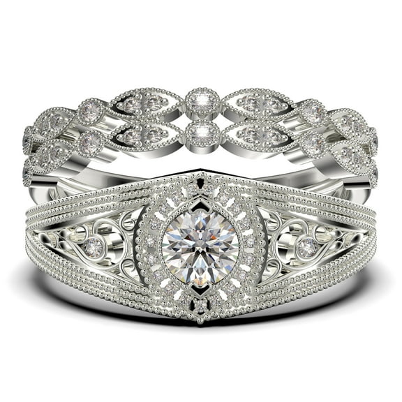 Decorative Ornament 2.25 Carat Round Cut Diamond Moissanite Unique Engagement Ring, Wedding Ring in 925 Sterling Silver With 18k White Gold Plating Promise Ring, Trio Rings Set