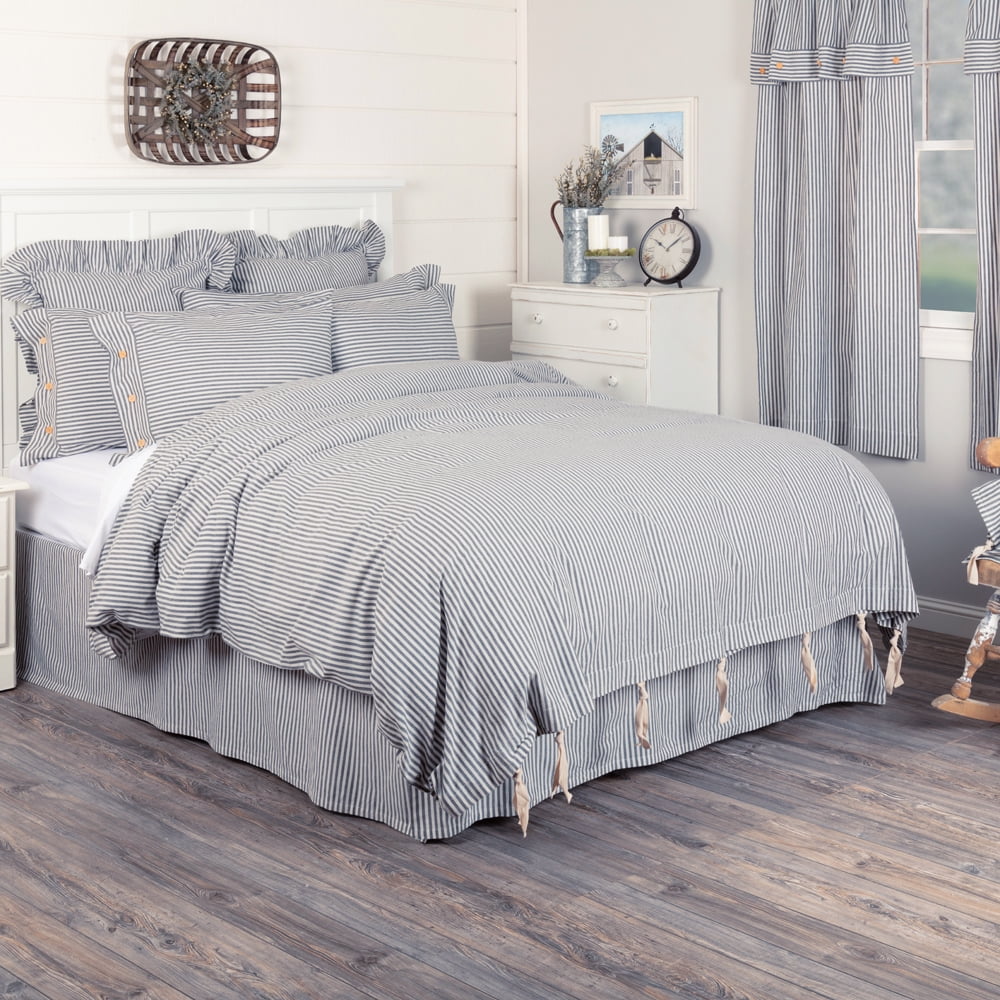 Piper Classics Farmhouse Ticking Stripe Blue King Bed Skirt, 100% Cotton