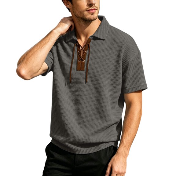 FINALGANG Mens Solid Color Polo Neck Short Sleeve Waffle Knit Lace Up TShirt For Casual Daily Wear Bohemian Style Outings Themed Party Activities Grey S
